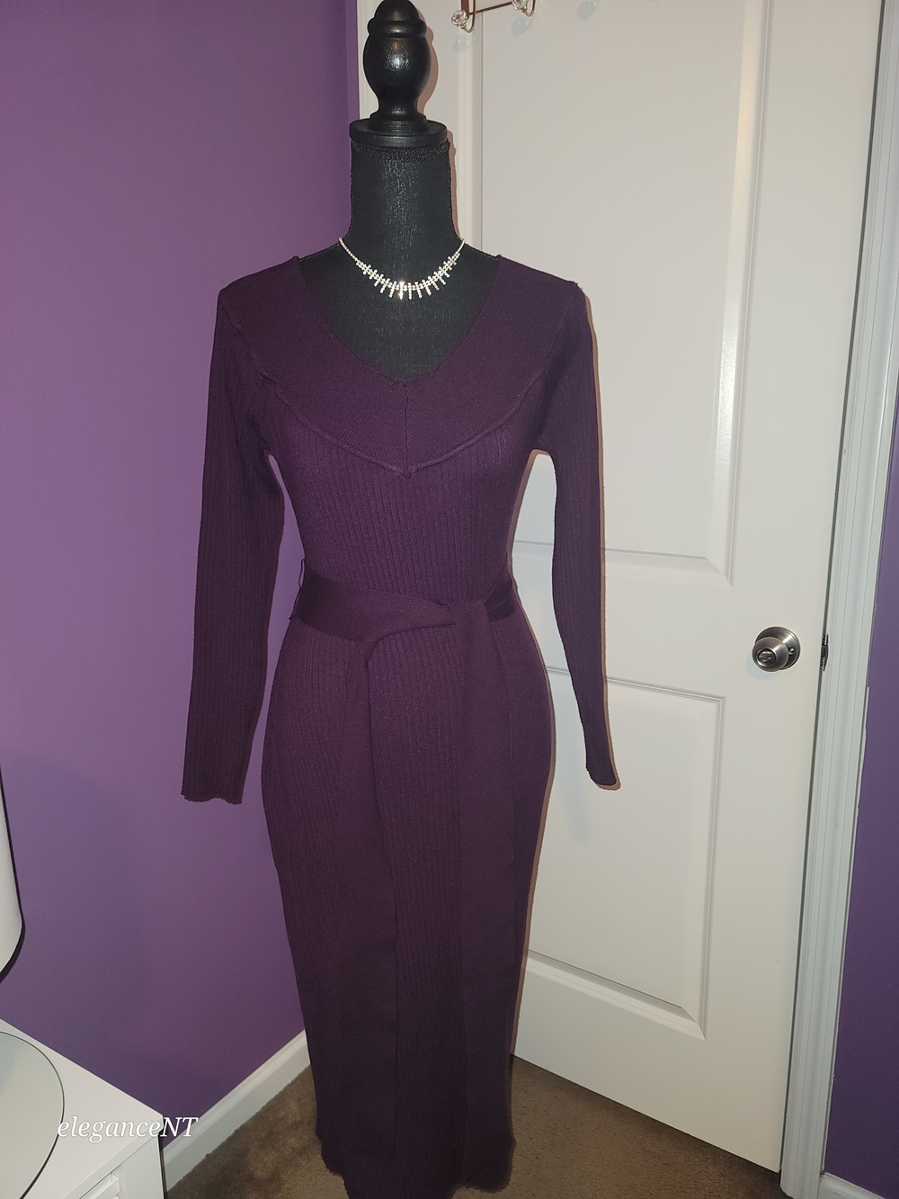 Lane Bryant Deep Plum Ribbed Long Sleeve Midi Dress with Waist Tie Sz: 18/20